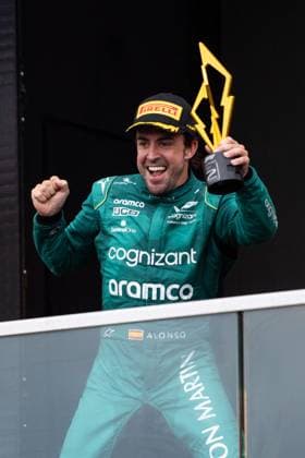 Fernando Alonso ESP, Aston Martin Aramco Cognizant F1 Team, 14 cheers on the podium at the podium ceremony over 2nd place, CAN, Formula 1 World Championship, Canadian Grand Prix, Circuit de Gilles Villeneuve Montreal, Race, 18 06 2023 CAN, Formula 1 World Championship, Canadian Grand Prix, Circuit de Gilles Villeneuve Montreal, Race, 18 06 2023 Montreal Copyright: xEibner Memmlerx EP_MMR