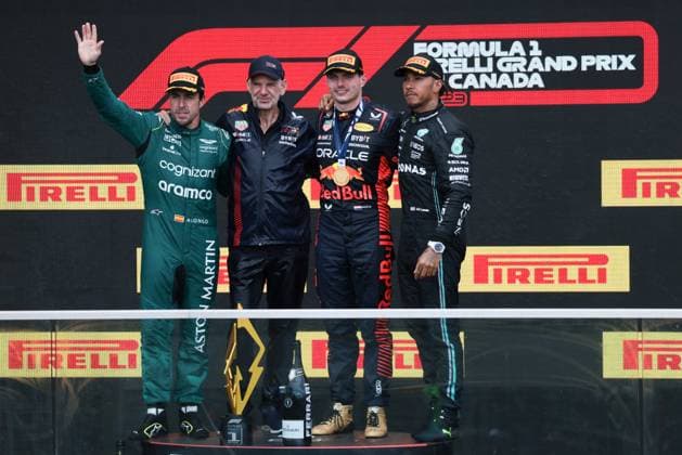 F1 Grand Prix Of Canada Fernando Alonso of Aston Martin Aramco, Adrian Newey, Max Verstappen of Red Bull Racing and Lewis Hamilton of Mercedes on the podium after the Formula 1 Grand Prix of Canada at Circuit Gilles Villeneuve in Montreal, Canada on June 18, 2023. Montreal Canada  Copyright: xJakubxPorzyckix originalFilename:porzycki-f1grandp230618_npTf4.jpg