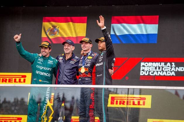 Podium of the race. Max Verstappen (NED) Redbull Racing RB19. Fernando Alonso (SPA) Aston Martn AMR23. Lewis Hamilton (GBR) Mercedes W14 E Performance..during the Race on Sunday 18th June - FORMULA 1 PIRELLI GRAND PRIX DU CANADA 2023 - from 15th to 18th June 2023 at Circuit Gilles Villeneuve, Montreal, Quebec, Canada Montreal Canada - ZUMAc04_ 20230618_zaf_c04_038 Copyright: xStefanoxFacchinx