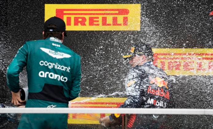 June 18, 2023, Montreal, PQ, Canada: Winner Red Bull Racing Max Verstappen of the Netherlands, is sprayed with champagne by second place finisher Aston Martin driver Fernando Alonso of Spain, during victory ceremonies following Formula One auto racing action at the Canadian Grand Prix in Montreal, Sunday, June 18, 2023. Max Verstappen Fernando Alonso  - ZUMAc35_ 20230618_zaf_c35_088 Copyright: xPaulxChiassonx