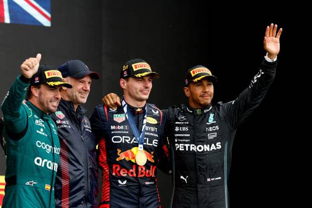 ALONSO Fernando (spa), Aston Martin F1 Team AMR23, portrait NEWEY Adrian (gbr), Chief Technical Officer of Red Bull Racing, portrait VERSTAPPEN Max (ned), Red Bull Racing RB19, portrait HAMILTON Lewis (gbr), Mercedes AMG F1 Team W14, portrait podium during the Formula 1 Pirelli Grand Prix du Canada, 8th round of the 2023 Formula One World Championship, WM, Weltmeisterschaft from June 16 to 18, 2023 on the Circuit Gilles Villeneuve, in Montrà al, Canada - F1 - CANADIAN GRAND PRIX 2023 - RACE DPPI Panoramic 00123021_F12023GP09CAN_JK067200