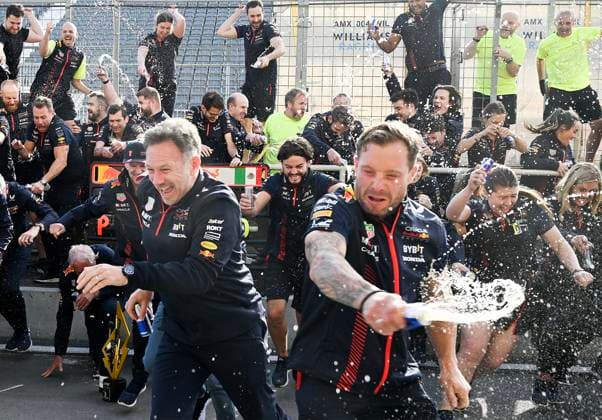 June 18, 2023, Montreal, PQ, Canada: Team Red Bull including team principle Christian Horner, left, spray cans of Red Bull energy drink as they celebrate the team s 100th race win following the Canadian Grand Prix in Montreal, Sunday, June 18, 2023. Christian Horner, - ZUMAc35_ 20230618_zaf_c35_101 Copyright: xGrahamxHughesx