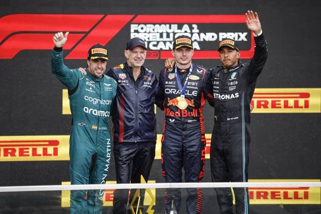 VERSTAPPEN Max (ned), Red Bull Racing RB19, portrait NEWEY Adrian (gbr), Chief Technical Officer of Red Bull Racing, portrait ALONSO Fernando (spa), Aston Martin F1 Team AMR23, portrait HAMILTON Lewis (gbr), Mercedes AMG F1 Team W14, portrait during the Formula 1 Pirelli Grand Prix du Canada, 8th round of the 2023 Formula One World Championship, WM, Weltmeisterschaft from June 16 to 18, 2023 on the Circuit Gilles Villeneuve, in Montrà al, Canada - F1 - CANADIAN GRAND PRIX 2023 - RACE DPPI Panoramic 00123021__R5_1499