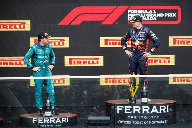 14 Fernando Alonso ESP, Aston Martin Aramco Cognizant F1 Team , 1 Max Verstappen NLD, Oracle Red Bull Racing , F1 Grand Prix of Canada at Circuit Gilles Villeneuve on June 18, 2023 in Montreal, Canada Photo by HOCH ZWEI Montreal Canada