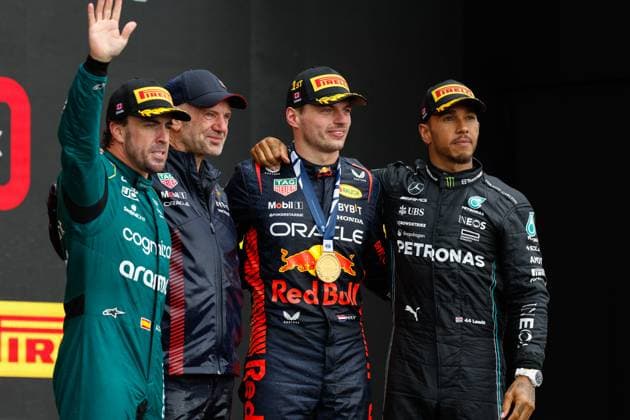 14 Fernando Alonso ESP, Aston Martin Aramco Cognizant F1 Team , Adrian Newey GBR, Oracle Red Bull Racing , 1 Max Verstappen NLD, Oracle Red Bull Racing , 44 Lewis Hamilton GBR, Mercedes AMG Petronas F1 Team , F1 Grand Prix of Canada at Circuit Gilles Villeneuve on June 18, 2023 in Montreal, Canada Photo by HOCH ZWEI Montreal Canada