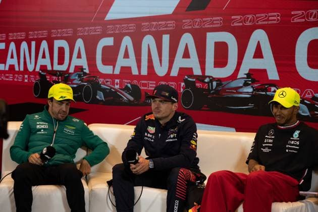 FORMULA 1 AWS GRAND PRIX DU CANADA 2023 19 06 2023, Circuit Gilles Villeneuve, Montreal, FORMULA 1 AWS GRAND PRIX DU CANADA 2023 , in picture winner Max Verstappen NLD , Oracle Red Bull Racing, 2 place for Fernando Alonso ESP , Aston Martin Aramco Cognizant Formula One Team, 3 place for Lewis Hamilton GBR , Mercedes AMG Petronas Formula One Team nordphotoxGmbHx xBratic nph00250