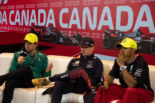 19 06 2023, Circuit Gilles Villeneuve, Montreal, FORMULA 1 AWS GRAND PRIX DU CANADA 2023 , in picture winner Max Verstappen NLD , Oracle Red Bull Racing, 2 place for Fernando Alonso ESP , Aston Martin Aramco Cognizant Formula One Team, 3 place for Lewis Hamilton GBR , Mercedes AMG Petronas Formula One Team Montreal Circuit Gilles Villeneuve Quebec Canada  eu-images-506
