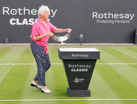 19th June 2023; Edgbaston Priory Club, Birmingham, England: Rothesay Classic Birmingham, Day 1; The legendary Ann Jones former Wimbolden champion and founding member of the WTA, Tennis Damen Birmingham event places the winners trophy on the podium to celebrate 50 years of the WTA  ActionPlus12521170 RogerxEvans