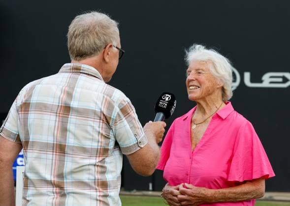 19th June 2023; Edgbaston Priory Club, Birmingham, England: Rothesay Classic Birmingham, Day 1; Mark Curry interviews Ann Jones before the start of the tournament  ActionPlus12521240 RogerxEvans