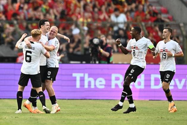 BRUSSELS, BELGIUM - JUNE 17: Michael Gregoritsch of Austria celebrate with Nicolas Seiwald, David Alaba, Christoph Baumgartner and Stefan Posch after scoring opening goal during the UEFA European Qualifiers 2024 match between Belgium and Austria at King Baudouin Stadium on June 17, 2023 in Brussels, B Belgium v Austria - UEFA European Qualifiers 2024 Copyright: xSebastianxFrejx