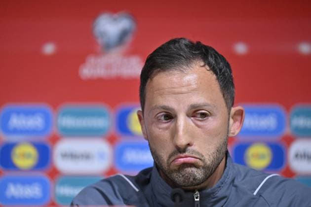 Sport Themen der Woche KW25 Belgium s head coach Domenico Tedesco pictured during a press conference, PK, Pressekonferenz of Belgian national soccer team Red Devils, Monday 19 June 2023, in Tallinn, Estonia, in preparation of the match against Estonia. DIRKxWAEM  x69110746x