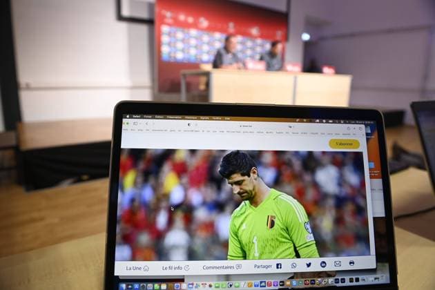 Tallinn , Estonia - June 19 : Picture of Thibaut Courtois pictured and Tedesco Domenico head coach of Belgian Team during a press conference, PK, Pressekonferenz of the Belgian National Football Team prior to the European Qualifiers EURO 2024 qualification match between Estonia and Belgium on June 19, 2023 in Tallinn , Estonia, 19 06 2023 ( Estonia v Belgium - Media activities PhotoNews Panoramic 