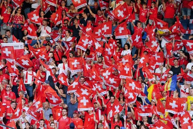 Photo Manuel Geisser 19 06 2023 Lucerne Switzerland Football European Championship Qualification Switzerland Romania picture Swiss fans with flags flags