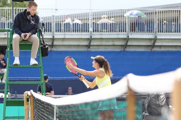 Ilkley Tennis Club, England, June 19th 2023: Jesika Maleckova challenges a call during the W100 Ilkley against Harmony Tan at Ilkley Tennis Club (Sean Chandler SPP) Copyright: xSeanxChandlerx xSPPx spp-en-SeChSp-W100 Ilkley - Jesika Maleckova v Harmony Tan - Ilkley Tennis Club-2