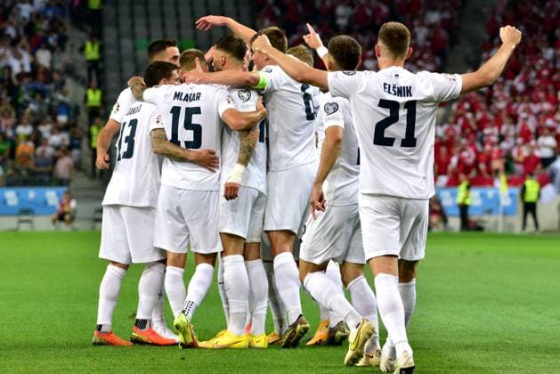Slovenian team celebrate score during the 2024 UEFA European Championship, EM, Europameisterschaft Qualifying football match between Slovenia and Denmark FOOTBALL : SlovÃ nie vs Danemark - Qualification Championnat d Europe UEFA 2024 - 19 06 2023 IgorKupljenik Panoramic  