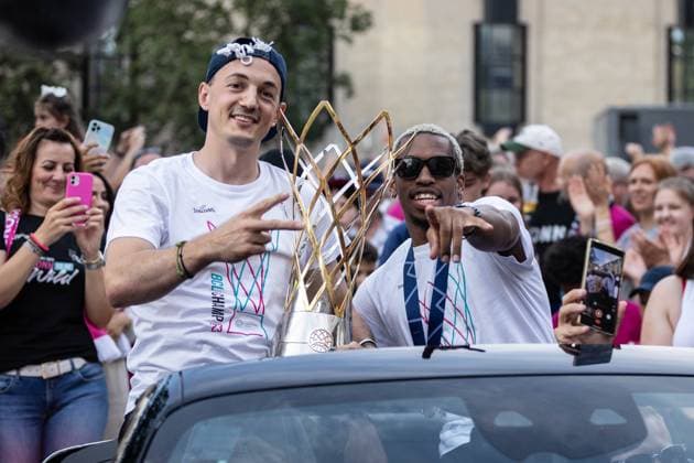 End-of-season party of Telekom Baskets Bonn, 19 6 2023 Captain Karsten Tadda and TJ Shorts with the Champions League trophy during the motorcade. Copyright: xBEAUTIFULxSPORTS Derixx