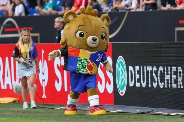 Veltins Arena in Gelsenkirchen on 20 June 2023, international football match Germany Colombia v l , The EM 2024 mascot, Logo German Football Association EM mascot unveiled UEFA presents bear with trousers UEFA has unveiled the mascot for EM 2024 in Germany The mascot pays tribute to the popular teddy bear, who is believed to have first seen the light of day in Germany in the early 20th century DFL REGULATES PROHIBIT ANY USE OF PHOTOGRAPHS AS IMAGE SEQUENCES AND OR QUASI VIDEO Copyright: JoaquimxFerreira