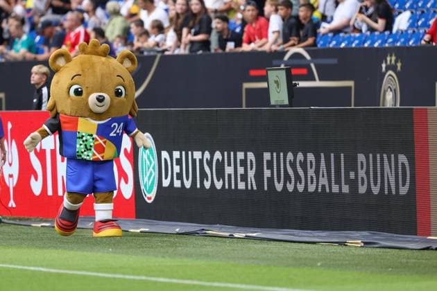 Veltins Arena in Gelsenkirchen on 20 June 2023, international football match Germany Colombia v l , The EM 2024 mascot, Logo German Football Association EM mascot unveiled UEFA presents bear with trousers UEFA has unveiled the mascot for EM 2024 in Germany The mascot pays tribute to the popular teddy bear, who is believed to have first seen the light of day in Germany in the early 20th century DFL REGULATES PROHIBIT ANY USE OF PHOTOGRAPHS AS IMAGE SEQUENCES AND OR QUASI VIDEO Copyright: JoaquimxFerreira