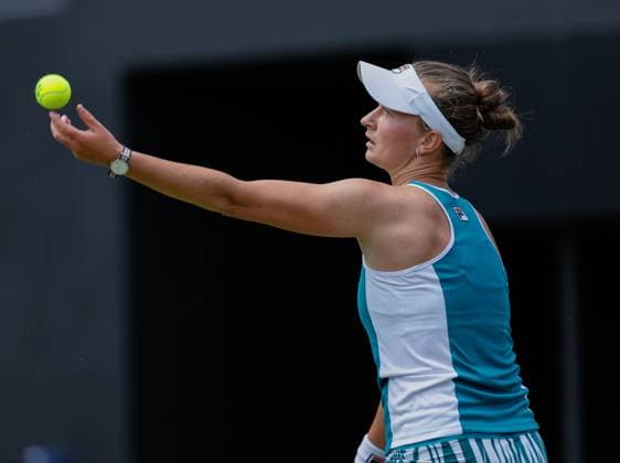21st June 2023; Edgbaston Priory Club, Birmingham, England: Rothesay Classic Birmingham, Day 3; Barbora Krejcikova (CZE) serves during her match against Cristina Busca (ESP)  ActionPlus12521941 RogerxEvans
