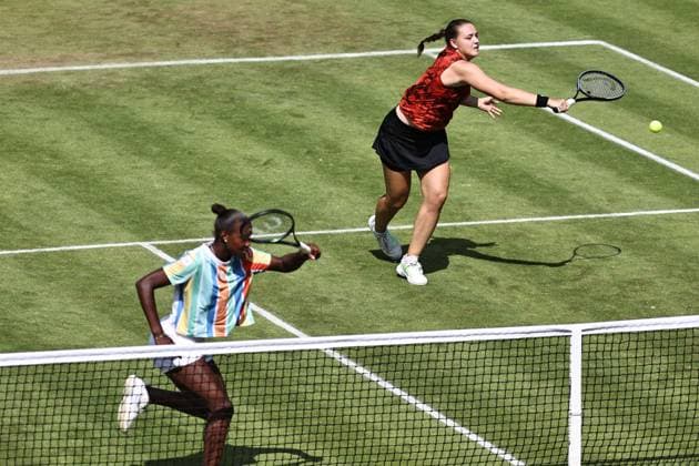Jule Niemeier red and Noma Noha Akugue black , GER, during womens doubles at 2023 bett1 Open in Berlin, 21 06 2023