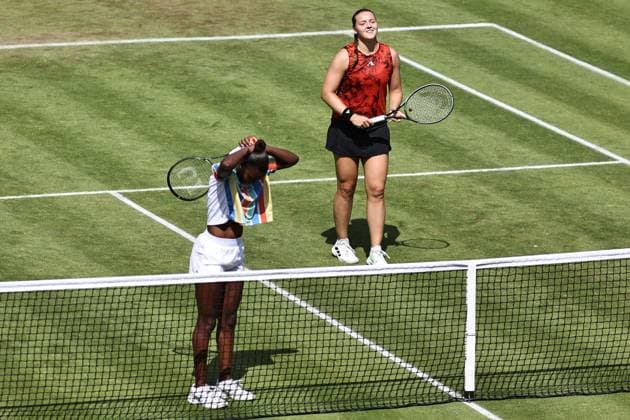 Jule Niemeier red and Noma Noha Akugue black , GER, during womens doubles at 2023 bett1 Open in Berlin, 21 06 2023