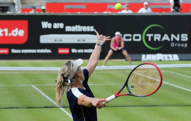 Donna Vekic CRO serve against Elena Rybakina RUS Kazakhstan , Centre Court at the tennis facility of LTTC Rot Weiss e V Steffi Graf Stadium Tennis bett1 open WTA 500 tournament on grass women season 2022 2023 21 06 2023