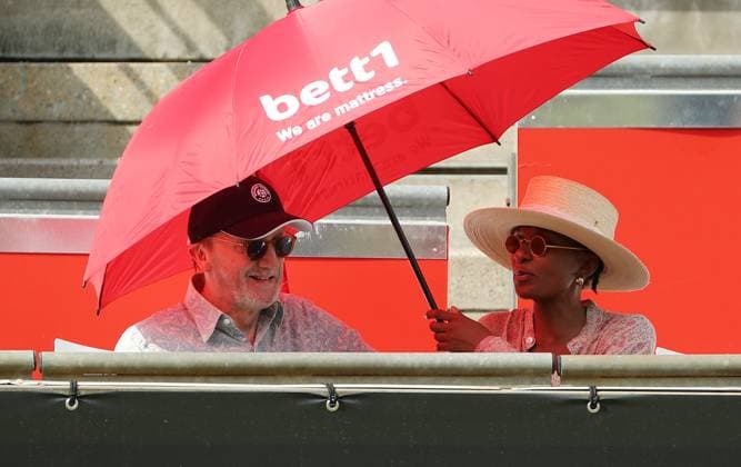 Marius Müller Westernhagen and wife Indiwe Suttle among the spectators, Centre Court at the tennis facility of LTTC Rot Weiss e V Steffi Graf Stadium Tennis bett1 open WTA 500 tournament on grass women season 2022 2023 21 06 2023