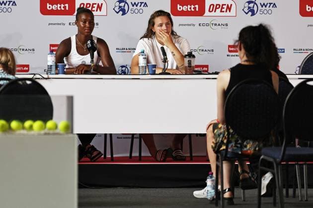 Press conference Jule Niemeier right and Noma Noha Akugue left , GER, during womens doubles at 2023 bett1 Open in Berlin, 21 06 2023