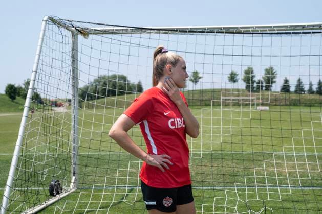 June 21, 2023, TORONTO, ON, CAN: Shelina Zadorsky stands behind the goal net as members of Canada Women s Soccer Squad train in Toronto, Wednesday, June 21, 2023, before their departure to the Women s World Cup. Shelina Zadorsky ..  - ZUMAc35_ 20230621_zaf_c35_044 Copyright: xChrisxYoungx