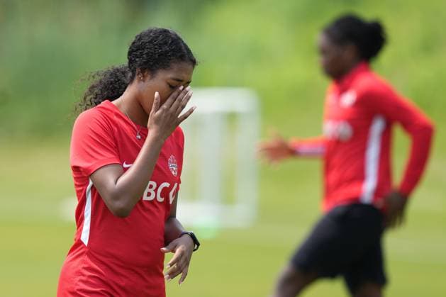 June 21, 2023, TORONTO, ON, CAN: Jayde Riviere, left, and Kadeisha Buchanan warm up as members of Canada Women s Soccer Squad train in Toronto, Wednesday, June 21, 2023, before their departure to the Women s World Cup. Kadeisha Buchanan; Jayde Riviere.. .. - ZUMAc35_ 20230621_zaf_c35_047 Copyright: xChrisxYoungx