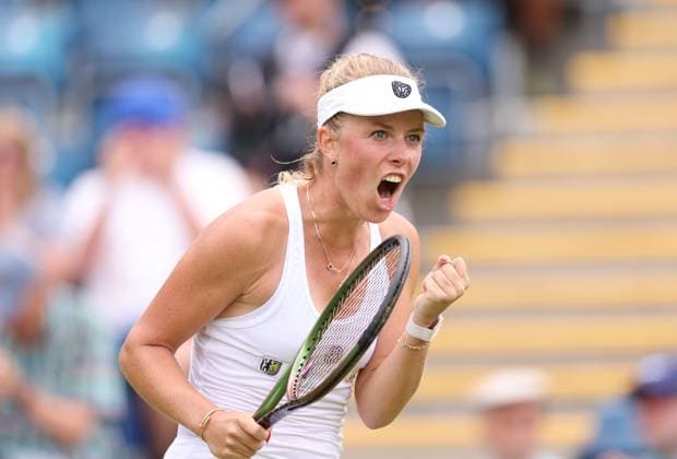 Mandatory Credit: Photo by Ryan Browne Shutterstock (13977104x) Magdalena Frech of Poland celebrates winning her round of 16 match. Rothesay Classic, Day Four, Tennis, Edgbaston Priory Club, Birmingham, UK - 22 Jun 2023 Rothesay Classic, Day Four, Tennis, Edgbaston Priory Club, Birmingham, UK - 22 Jun 2023 Copyright: xRyanxBrowne Shutterstockx 13977104x
