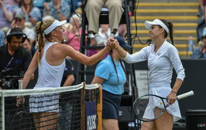 22nd June 2023; Edgbaston Priory Club, Birmingham, England: Rothesay Classic Birmingham, Day 4; Sorana Cirstea (ROU) congratulates Magdalena Frech (POL) on her victory  ActionPlus12522364 GodfreyxPitt