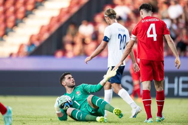 230622 Goalkeeper Amir Saipi and Leonidas Stergiou of Switzerland during the UEFA European Under 21 Championship group stage football match between Norway and Switzerland on June 22, 2023 in Cluj Napoca Photo Marius Simensen BILDBYRAN COP 238 MM0021 bbeng fotboll football soccer uefa european under 21 championship euro under 21 u21 em u21 norway switzerland sveits  Copyright: MARIUSxSIMENSEN BB230622BB080