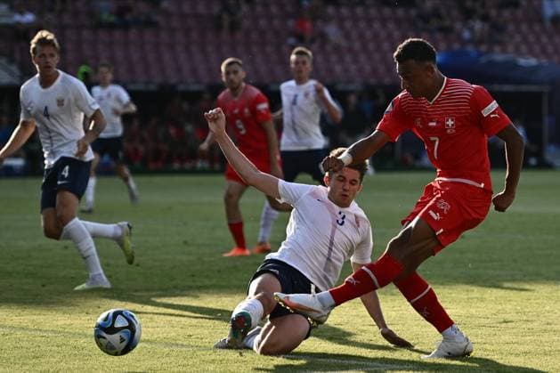 CLUJ-NAPOCA, ROMANIA - JUNE 22: Henrik Heggheim of Norway and Dan Ndoye of Switzerland during the UEFA Under-21 Euro 2023 Group D match between Norway and Switzerland at stadium Dr. Constantin Radulescu, June 22, 2023 in Cluj-Napoca, R Norway v Switzerland - UEFA Under-21 Euro 2023 Copyright: xSebastianxFrejx