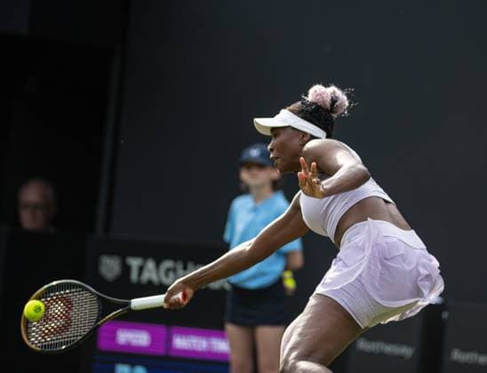 22nd June 2023; Edgbaston Priory Club, Birmingham, England: Rothesay Classic Birmingham, Day 4; Venus Williams (USA) reaches a wide forehand against Jelena Ostapenko (LAT)  ActionPlus12522592 GodfreyxPitt