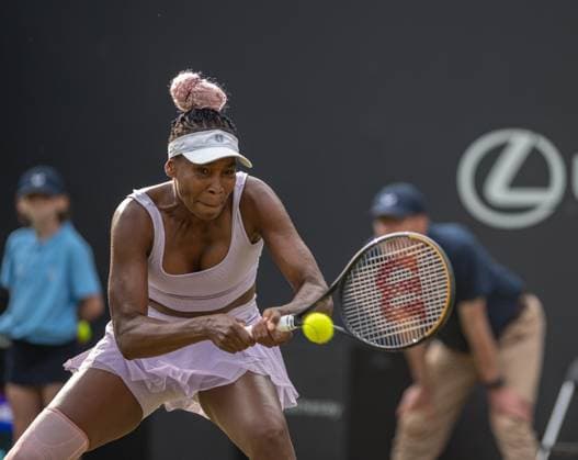 22nd June 2023; Edgbaston Priory Club, Birmingham, England: Rothesay Classic Birmingham, Day 4; Venus Williams (USA) hits another double-handed backhand against Jelena Ostapenko (LAT)  ActionPlus12522593 GodfreyxPitt