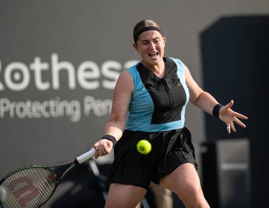 22nd June 2023; Edgbaston Priory Club, Birmingham, England: Rothesay Classic Birmingham, Day 4; Jelena Ostapenko (LAT) hits another good forehand shot during her game against Venus Williams (USA)  ActionPlus12522595 GodfreyxPitt