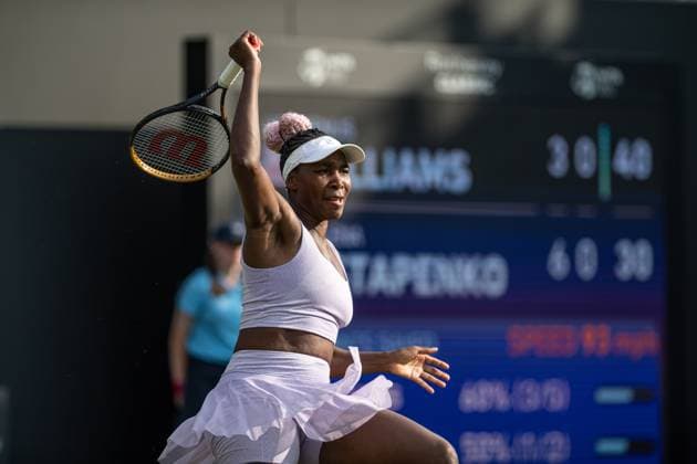22nd June 2023; Edgbaston Priory Club, Birmingham, England: Rothesay Classic Birmingham, Day 4; Venus Williams (USA) unleashes another booming forehand against Jelena Ostapenko (LAT)  ActionPlus12522597 GodfreyxPitt