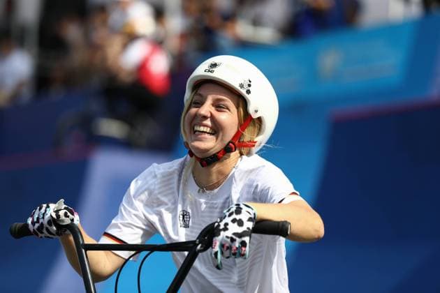 June 22, 2023, Krzeszowice, Malopolska, Poland: Kim Lea MUELLER of Team Germany reacts in the Cycling BMX Freestyle Women s Park Final of the Europaspiele 2023 in Krzeszowice, Poland Krzeszowice Poland - ZUMAc179 20230622_zep_c179_103 Copyright: xMickaelxChavetx