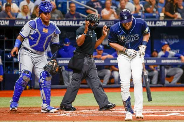 June 22, 2023, St. Petersburg, Florida, USA: Tampa Bay Rays right fielder Luke Raley (55) reacts after being hit by pitch in the first inning against the Kansas City Royals at Tropicana Field in St. Petersburg on Thursday, June 22, 2023. St. Petersburg USA - ZUMAs70_ 0261188026st Copyright: xIvyxCeballox