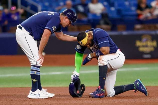 June 22, 2023, St. Petersburg, Florida, USA: Tampa Bay Rays third base coach Brady Williams (4) speaks with first baseman Yandy Diaz (2), who appears to be hurt, after the fifth inning against the Kansas City Royals at Tropicana Field in St. Petersburg on Thursday, June 22, 2023. St. Petersburg USA - ZUMAs70_ 0261223703st Copyright: xIvyxCeballox