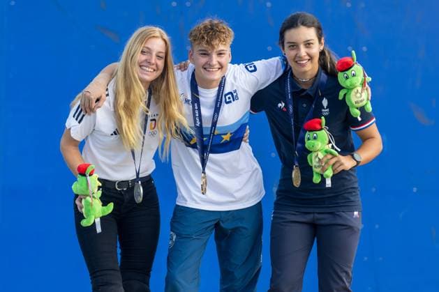 KRZESZOWICE 22.06.2023 IGRZYSKA EUROPEJSKIE 2023 MALOPOLSKA Europaspiele 2023 ROWERY BMX BMX FREESTYLE Cycling BMX Freestyle - Final - Medal Ceremony Kim Lea Mueller GER Iveta Miculycova CZE Laury Perez FOT. MICHAL CHWIEDUK FOKUSMEDIA.COM.PL NEWSPIX.PL --- Newspix.pl  230622CHW098