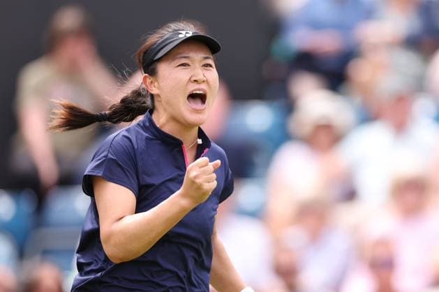 Mandatory Credit: Photo by Ryan Browne Shutterstock (13977105ae) Lin Zhu of China celebrates during her quarter-final match. Rothesay Classic, Day Five, Tennis, Edgbaston Priory Club, Birmingham, UK - 23 Jun 2023 Rothesay Classic, Day Five, Tennis, Edgbaston Priory Club, Birmingham, UK - 23 Jun 2023 Copyright: xRyanxBrowne Shutterstockx 13977105ae