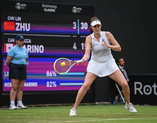 23rd June 2023; Edgbaston Priory Club, Birmingham, England: Rothesay Classic Birmingham, Day 5; Rebecca Marino (CAN) hits a forehand return to Lin Zhu (CHN)  ActionPlus12522686 GodfreyxPitt