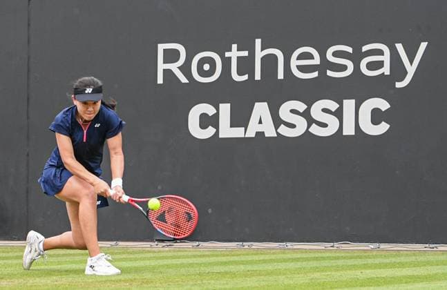 23rd June 2023; Edgbaston Priory Club, Birmingham, England: Rothesay Classic Birmingham, Day 5; Lin Zhu (CHN) hits a backhand return to Rebecca Marino (CAN)  ActionPlus12522690 GodfreyxPitt