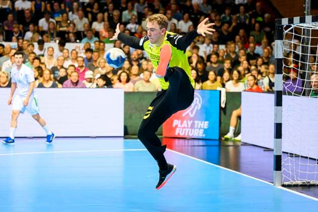 Hannover, Germany 23 June 2023 Handball U21 World Cup Preliminary Round Group B Algeria Germany Goalkeeper Lasse Ludwig Germany VfL Potsdam Hannover Swiss Life Hall Lower Saxony Germany
