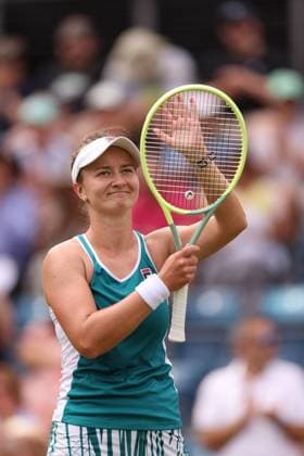 Mandatory Credit: Photo by Ryan Browne Shutterstock (13977107cm) Barbora Krejcikova of the Czech Republic celebrates winning her Semi-Final match. Rothesay Classic, Day Six, Tennis, Edgbaston Priory Club, Birmingham, UK - 24 Jun 2023 Rothesay Classic, Day Six, Tennis, Edgbaston Priory Club, Birmingham, UK - 24 Jun 2023 Copyright: xRyanxBrowne Shutterstockx 13977107cm