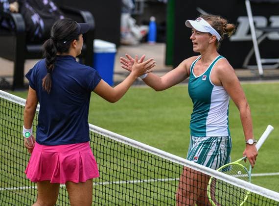24th June 2023; Edgbaston Priory Club, Birmingham, England: Rothesay Classic Birmingham, Day 6; Lin Zhu (CHN) congratulates Barbora Krejcikova (CZE) on her victory  ActionPlus12523319 GodfreyxPitt