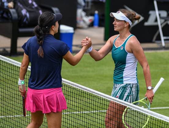24th June 2023; Edgbaston Priory Club, Birmingham, England: Rothesay Classic Birmingham, Day 6; Lin Zhu (CHN) congratulates Barbora Krejcikova (CZE) on her victory  ActionPlus12523320 GodfreyxPitt