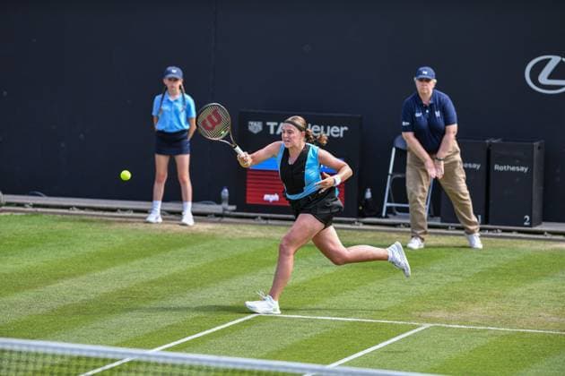 24th June 2023; Edgbaston Priory Club, Birmingham, England: Rothesay Classic Birmingham, Day 6; Jelena Ostapenko (LAT) hits a forehand return to Anastasia Popatova (rus)  ActionPlus12523340 GodfreyxPitt